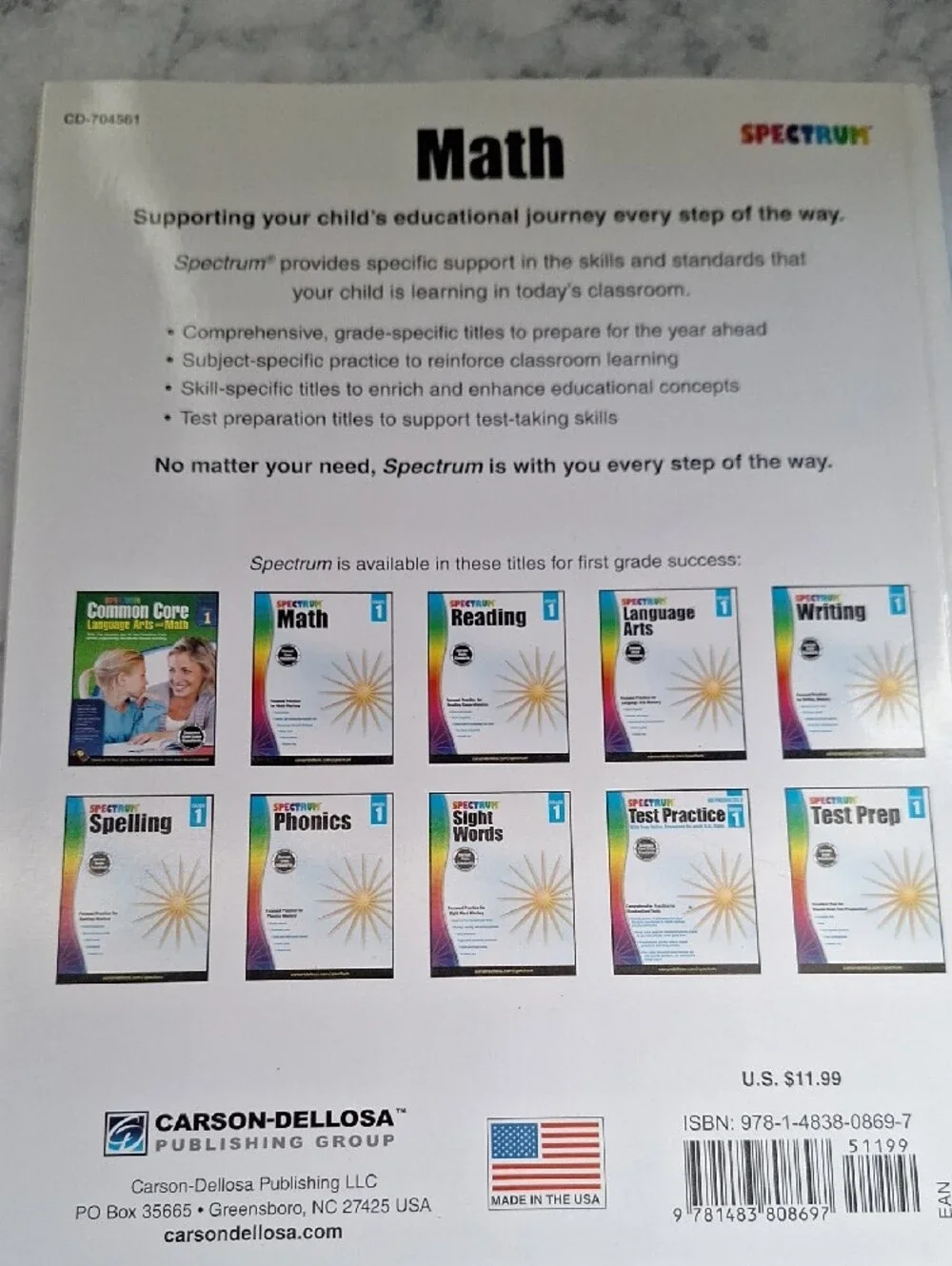 Spectrum Math Grade 1 Workbook - White with Rainbow Accent